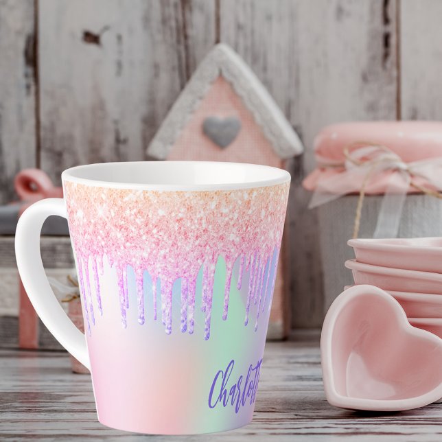 Tasse Latte Nom des gouttes de parties scintillant rose hologr (Créateur téléchargé)