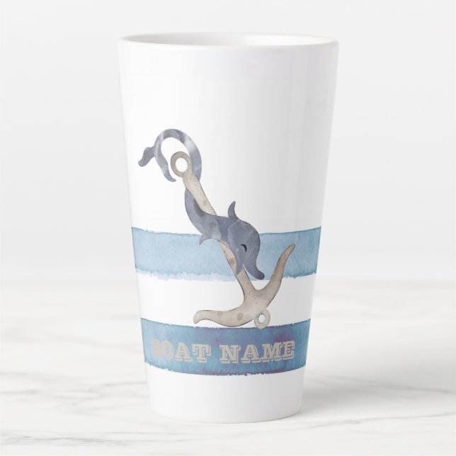 Tasse Latte Nom du bateau, Ancre Dauphin Rayures Bleu Clair (Devant)