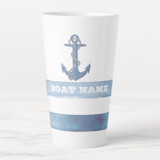 Tasse Latte Nom du bateau nautique, Ancre, corde, Bleu clair b (Devant)