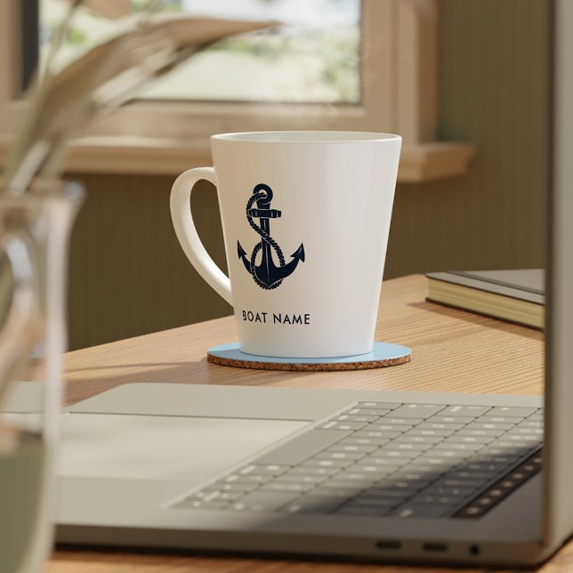 Tasse Latte Nom du bateau nautique personnalisé Marine Ancre b (Nautical Anchor Navy Blue Name Latte Mug)