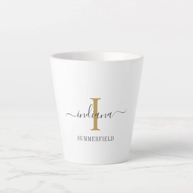 Tasse Latte Nom en écriture cursive Monogramme Élégant Gris Or (Devant)