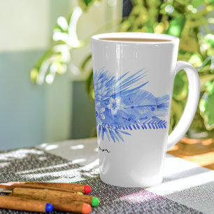 Tasse Latte Nom, Fleurs et Feuilles Tropicales Bleu Cobalt