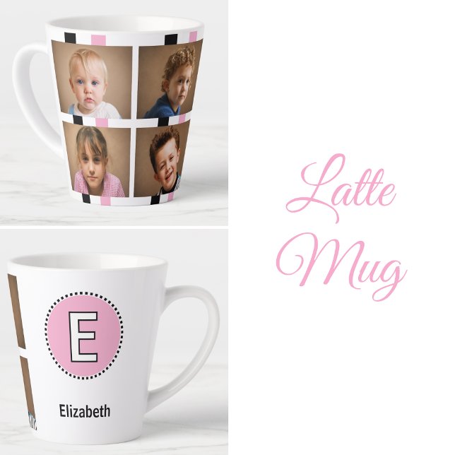 Tasse Latte nom initial de 4 photos en noir et rose (Créateur téléchargé)