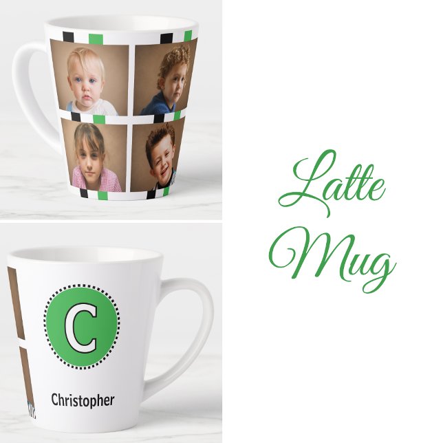 Tasse Latte nom initial noir vert de 4 photos (Créateur téléchargé)