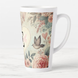 Tasse Latte Nom monogramme Coeurs romantiques vintages rose fl