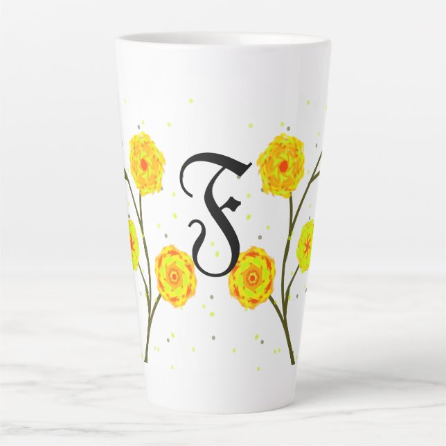 Tasse Latte Nom monogramme floral jaune d'aquarelle moderne (Devant)