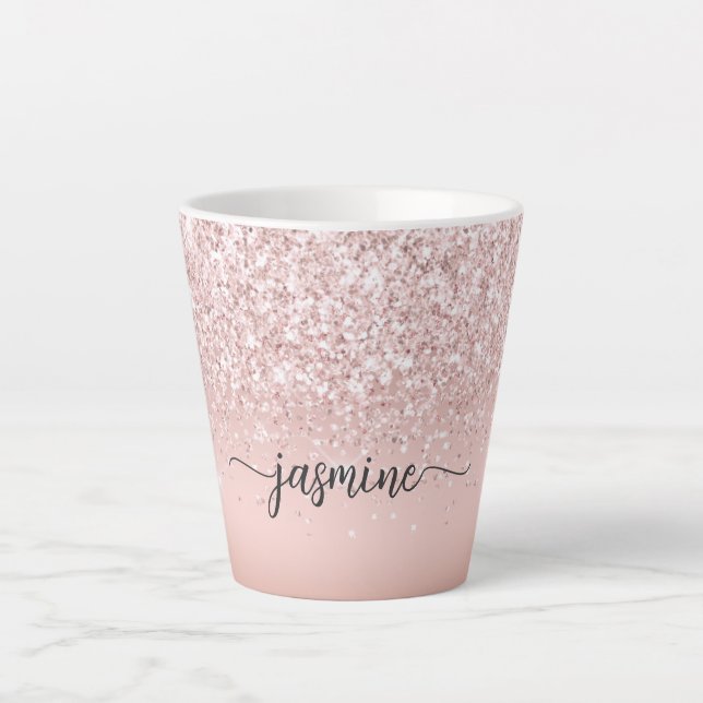 Tasse Latte Nom Monogramme Pailleté Rose Or Élégant (Devant)