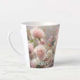 Tasse Latte Nom Peinture Aquarelle Pivoines Blanches et Roses