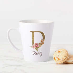 Tasse Latte Nom personnalisé Blush Roses Rose lettre D en feui