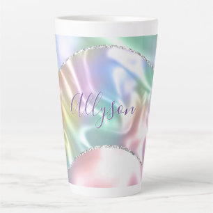 Tasse Latte Nom personnalisé écriture violette, vague iridesce