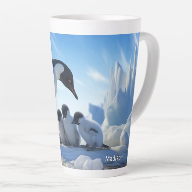 Tasse Latte Nom personnalisé Pingouins mignons (Angle droit)