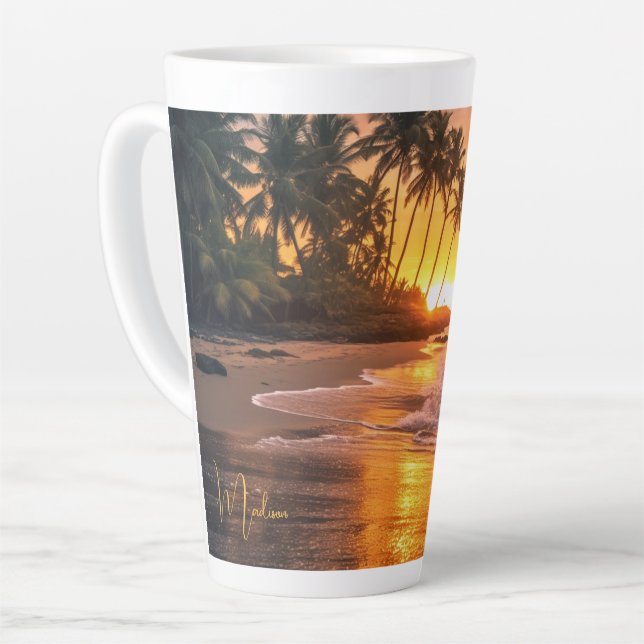 Tasse Latte Nom personnalisé Tropical Beach Sunset (Angle gauche)