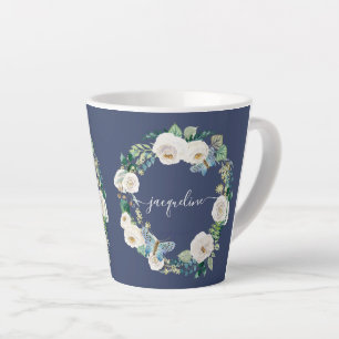 Tasse Latte Nom personnalisé Watercolor Marine Floral Butterfl