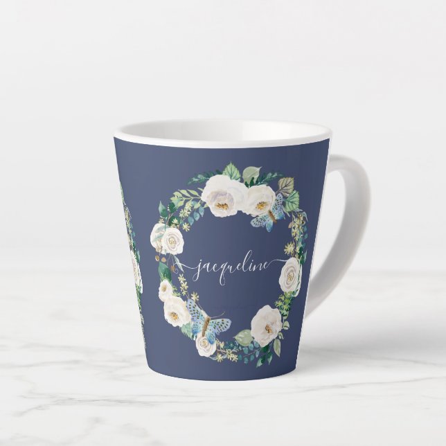 Tasse Latte Nom personnalisé Watercolor Marine Floral Butterfl (Angle droit)