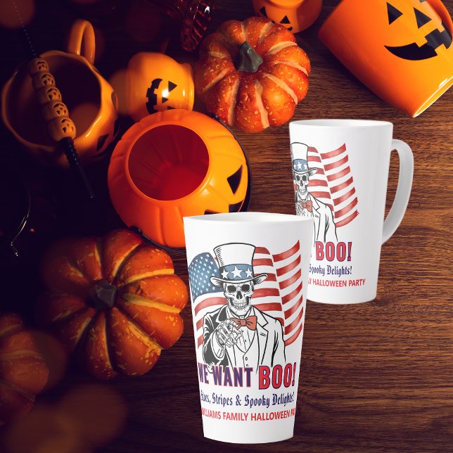 Tasse Latte Nous voulons Boo Patriotique Halloween Squelette O (Uncle Sam Skeleton We Want BOO Funny Halloween Party Birthday Coffee Lover Gift )