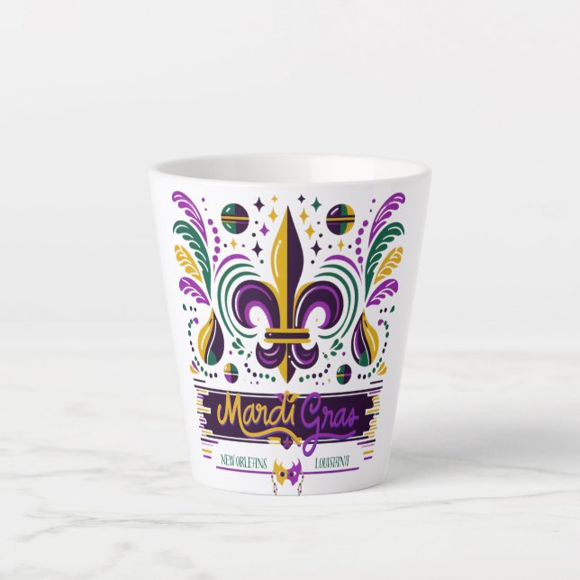Tasse Latte Nouvelle-Orléans Mardi Gras jaune violet vert (Devant)