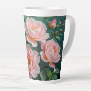Tasse Latte Œuvre d'art Pivoines Roses sur Fond Vert Emeraude