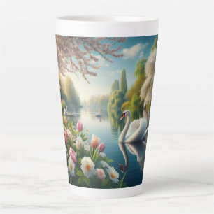Tasse Latte OEuvre d'art printanière du lac des cygnes floraux