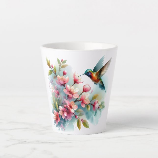 Tasse Latte OEuvre florale/printanière de colibri (Devant)