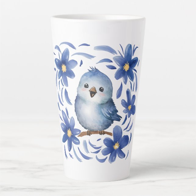Tasse Latte Oiseau bleu avec des fleurs (Devant)