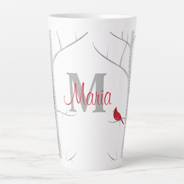 Tasse Latte Oiseau d'hiver Rouge Arbre des bois Monogramme rus (Devant)