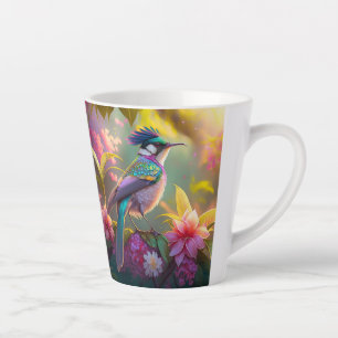Tasse Latte Oiseau fantastique à ailes arc-en-ciel et crête bl