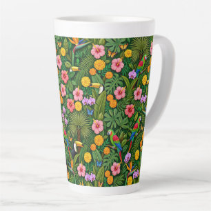 Tasse Latte Oiseaux de jungle colorés et gais Fleurs tropicale