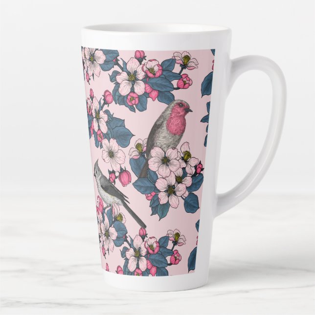 Tasse Latte Oiseaux et fleurs roses (Droite)