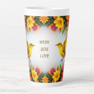 Tasse Latte Oiseaux Jaunes du Jardin Cadre Floral Café Amoureu