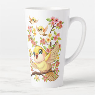 Tasse Latte Oiseaux mignons et heureux parmi les fleurs du pri
