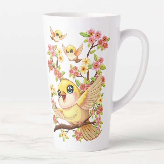 Tasse Latte Oiseaux mignons et heureux parmi les fleurs du pri (Droite)