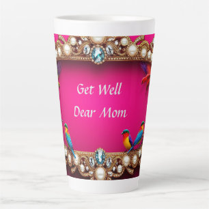 Tasse Latte Oiseaux Vibrants Entourés d'un Cadre de Bijoux Orn