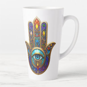 Tasse Latte Or Hamsa Coloré Turquoise Saphir Troisième Œil