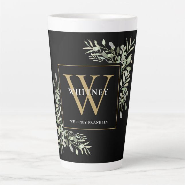 Tasse Latte Or Monogramme Élégant Vert Moderne  (Devant)
