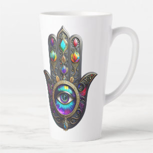 Tasse Latte Or Noir Hamsa Coloré avec Troisième Œil Saphir