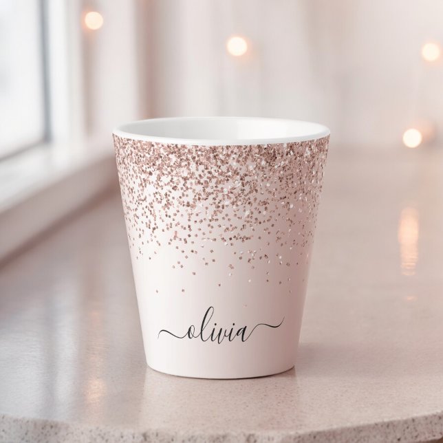 Tasse Latte Or Rose Gold - Monogramme Nom Paillettes Rose Blus (Créateur téléchargé)