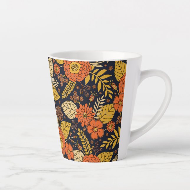 Tasse Latte Orange rétro, Jaune & Marine Floral (Droite)