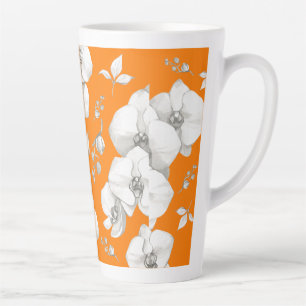 Tasse Latte Orchidée blanche aquarelle sur orange  