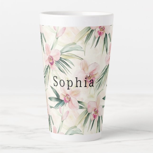 Tasse Latte Orchidée rose tropicale Anniversaire floral (Devant)