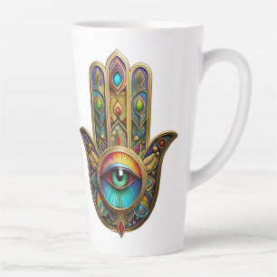 Tasse Latte Orné Hamsa couleur or coloré Vert sur Rouge Troisi