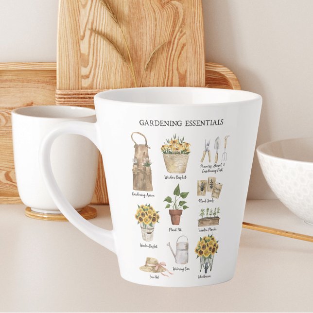 Tasse Latte Outils de jardinage à l'aquarelle Tournesol Jardin (In situ)