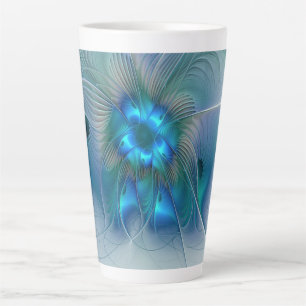 Tasse Latte Ovation debout, fractale bleue turquoise abstraite