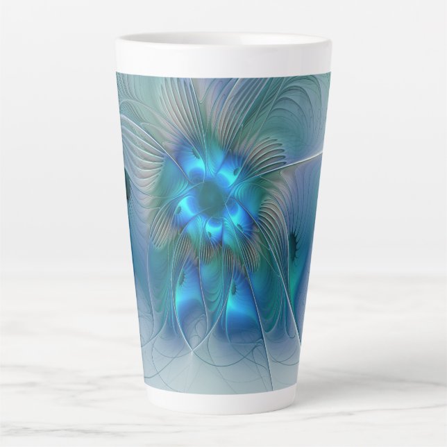 Tasse Latte Ovation debout, fractale bleue turquoise abstraite (Devant)