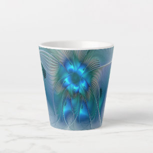 Tasse Latte Ovations debout, fractale abstraite bleu turquoise