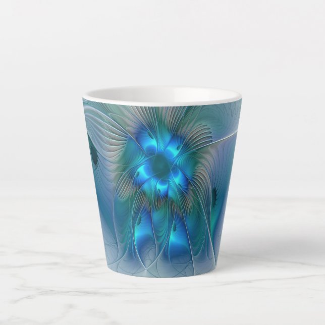 Tasse Latte Ovations debout, fractale abstraite bleu turquoise (Devant)
