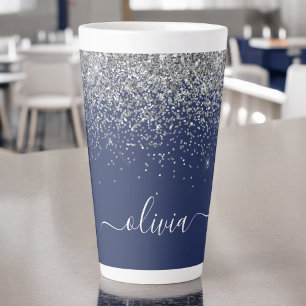 Tasse Latte Paillettes Monogramme Fille Bleu Navy Argenté