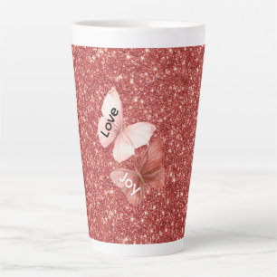 Tasse Latte Paillettes Rouges Papillons Amour Joie Rose