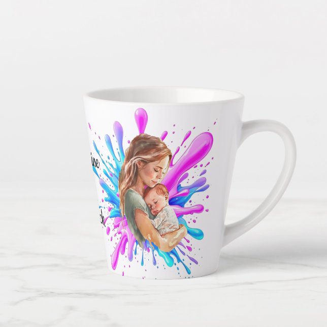 Tasse Latte Paint Splashes Bleu Rose Maman Bébé Photo (Droite)