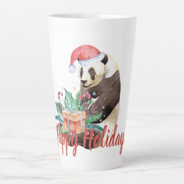 Tasse Latte Panda de Noël aquarelle personnalisée (Devant)