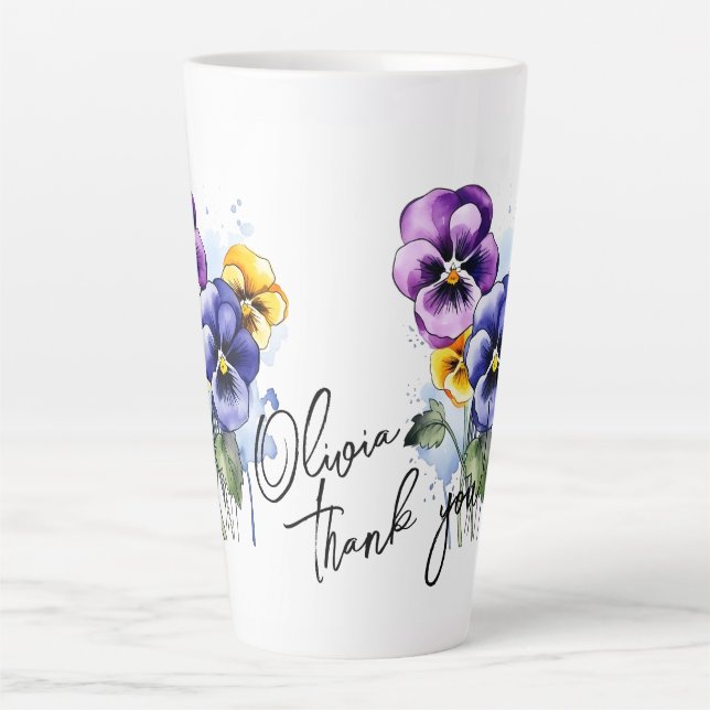 Tasse Latte Pansy "Merci !" Slogan et nom modifiables (Devant)